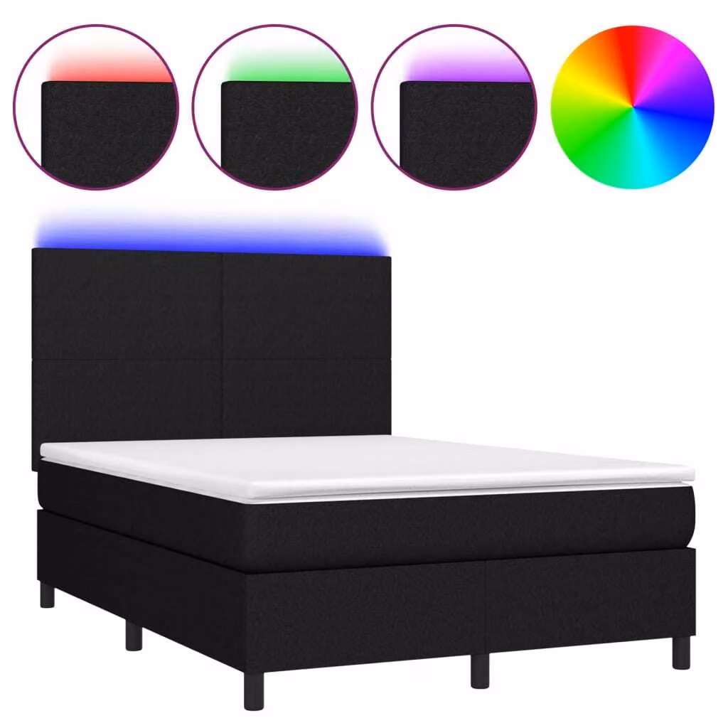 Letto a Molle con Materasso e LED Nero 140x190 cm in Tessuto