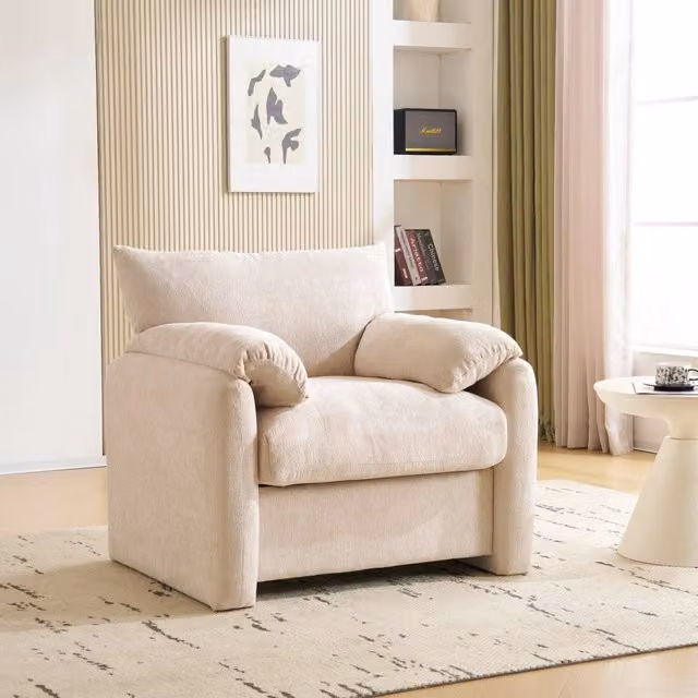 Poltrona in ciniglia con cuscini bracciolo e schiuma ad alta elasticita, 1 posto, beige