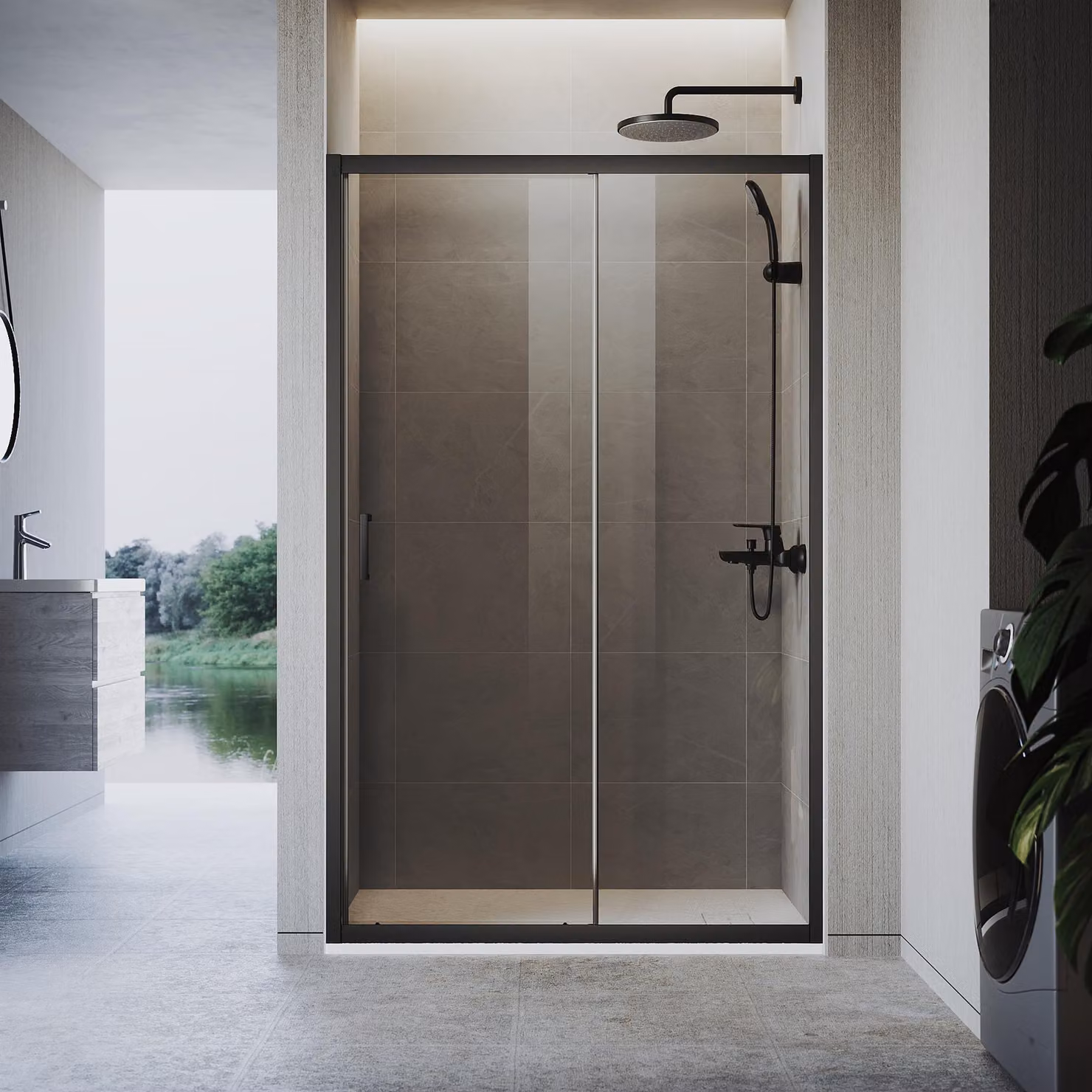 Cabina doccia SONNI 100 x 185 cm in nero opaco, porta scorrevole, binario superiore e inferiore, vetro grigio da 5 mm, telaio della porta con posizione di regolazione -20 mm