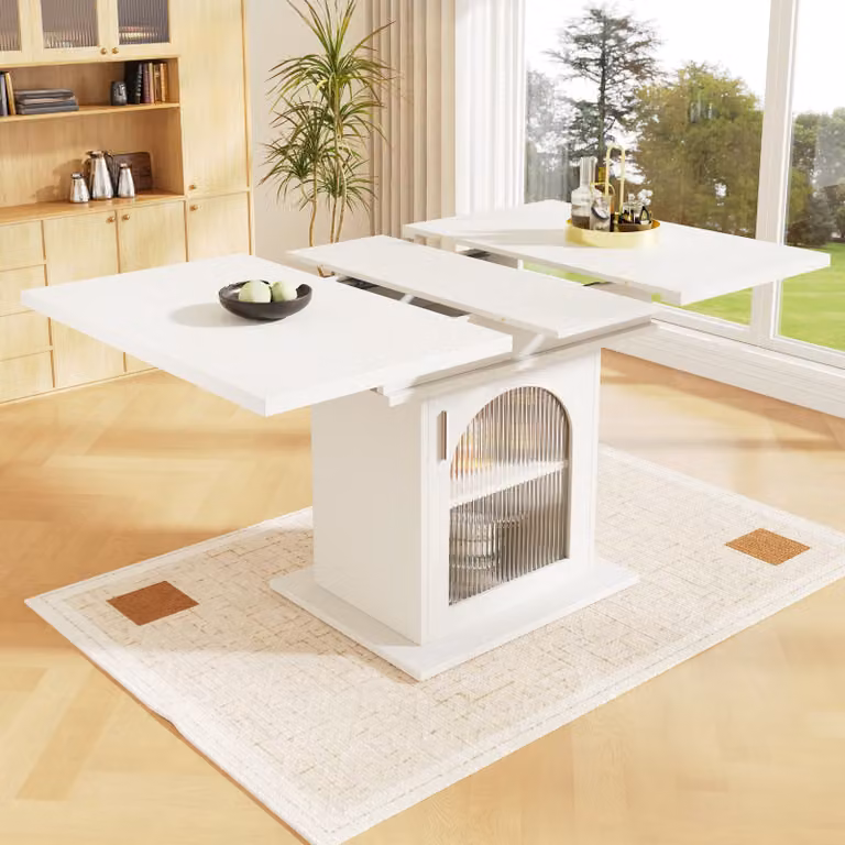 MODFU Tavolo pieghevole con portaoggetti 110-1408076 cm, tavolo telescopico, tavolo multifunzionale rettangolare a tempo libero con tre ripiani per cucina, bianco