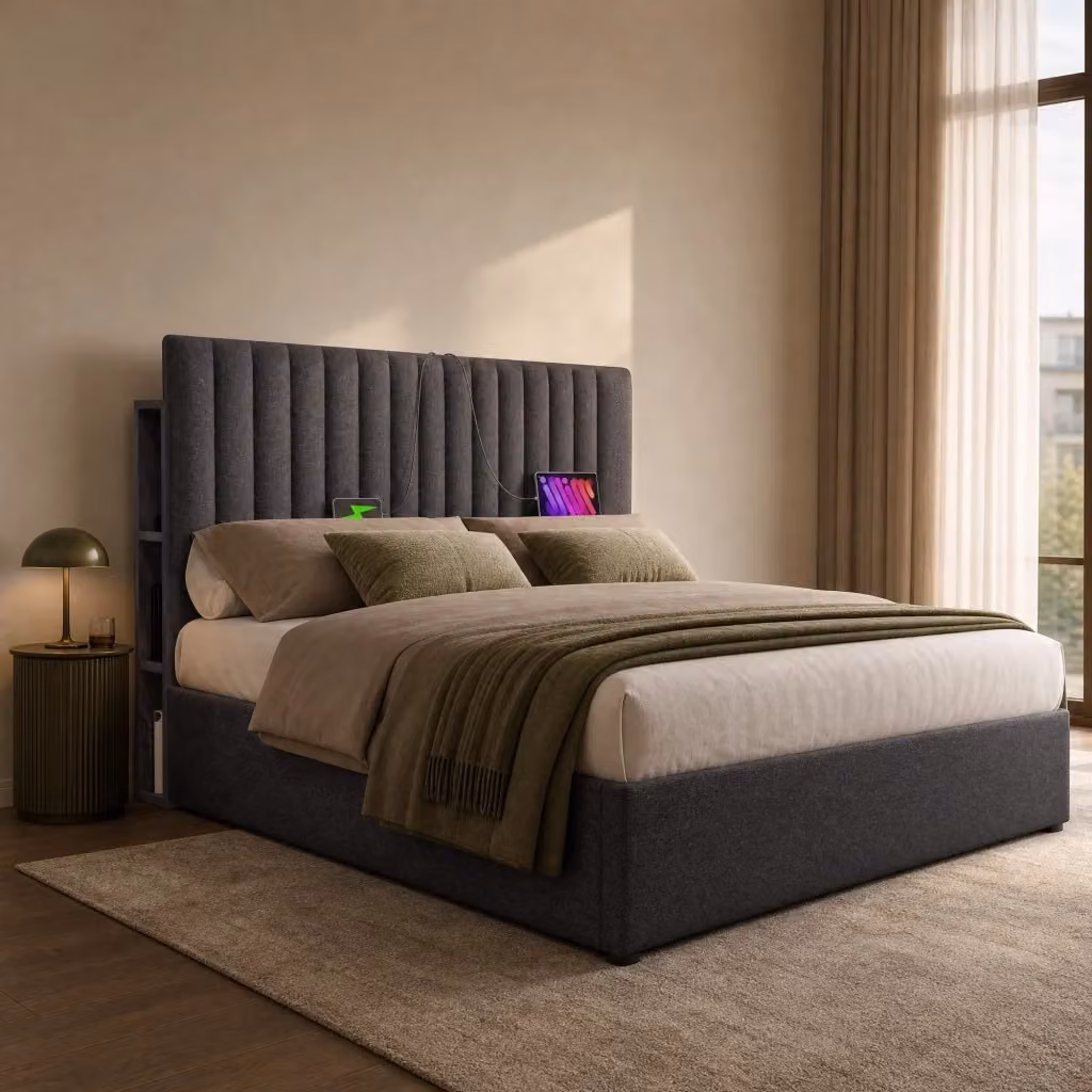 Letto Contenitore REDOM in Tessuto Grigio con Testiera LED, Porte USB, Type-C e Ripiano Laterale, L/P: 160 x 200 cm – 2