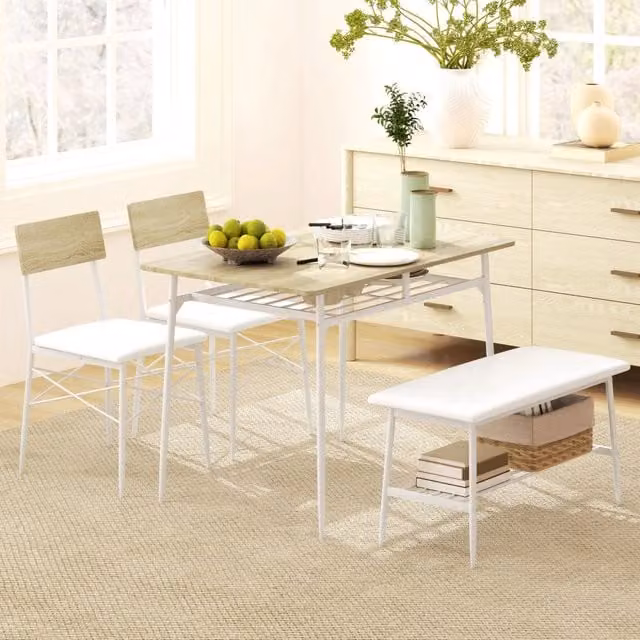 Tavolo da pranzo per 4 persone con 2 sedie e panca, ripiani contenitore, per cucina e sala da pranzo, rovere