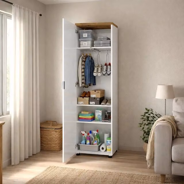 Armadio Multiuso Tani con 1 Anta e Appendiabiti, Bianco Lucido, H 190 cm x L 40 cm