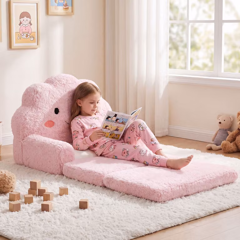 Costway Divano pieghevole per bambini con motivo carino per cameretta, Divano letto convertibile con fodera lavabile e tasca portaoggetti rosa
