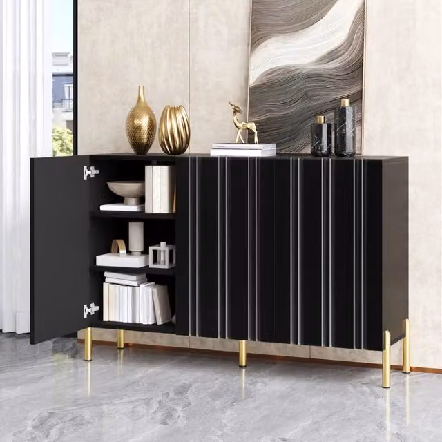 Scarpiera moderna Mivray con 3 ante e chiusura soft close, colore nero con dettagli oro, L/P/H: 120 x 35.5 x 80 cm