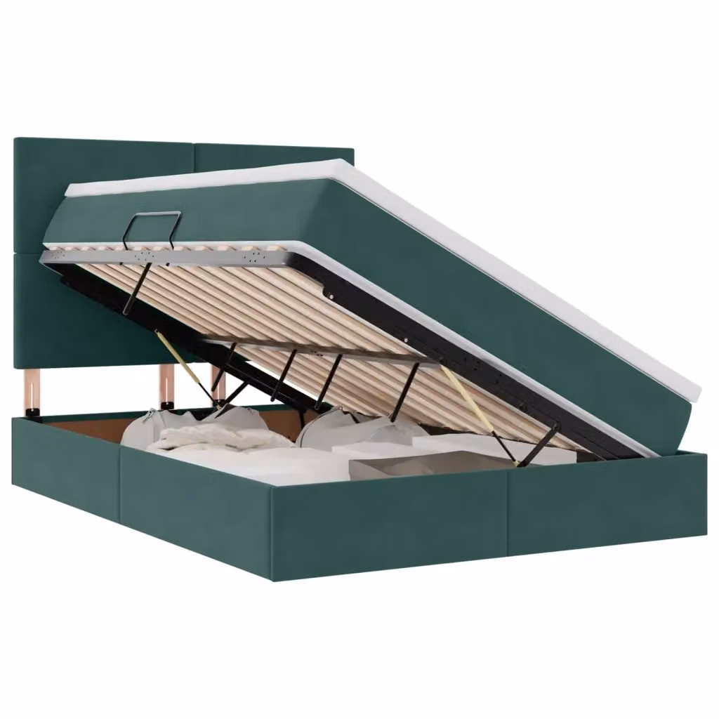 Letto con contenitore e illuminazione LED vidaXL in velluto verde, L/P/H: 140 x 200 x 128 cm – 2