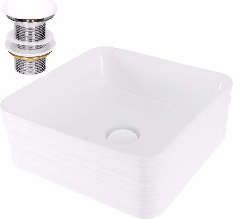 LuxeBath lavabo Lavabo da appoggio quadrato, 39x39x15 cm, bianco, Vetroceramica, incl. set di scarico senza troppopieno