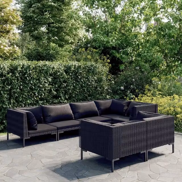 Set di Divani da Giardino a L vidaXL in Polyrattan Grigio e Nero con Cuscini Inclusi – 1