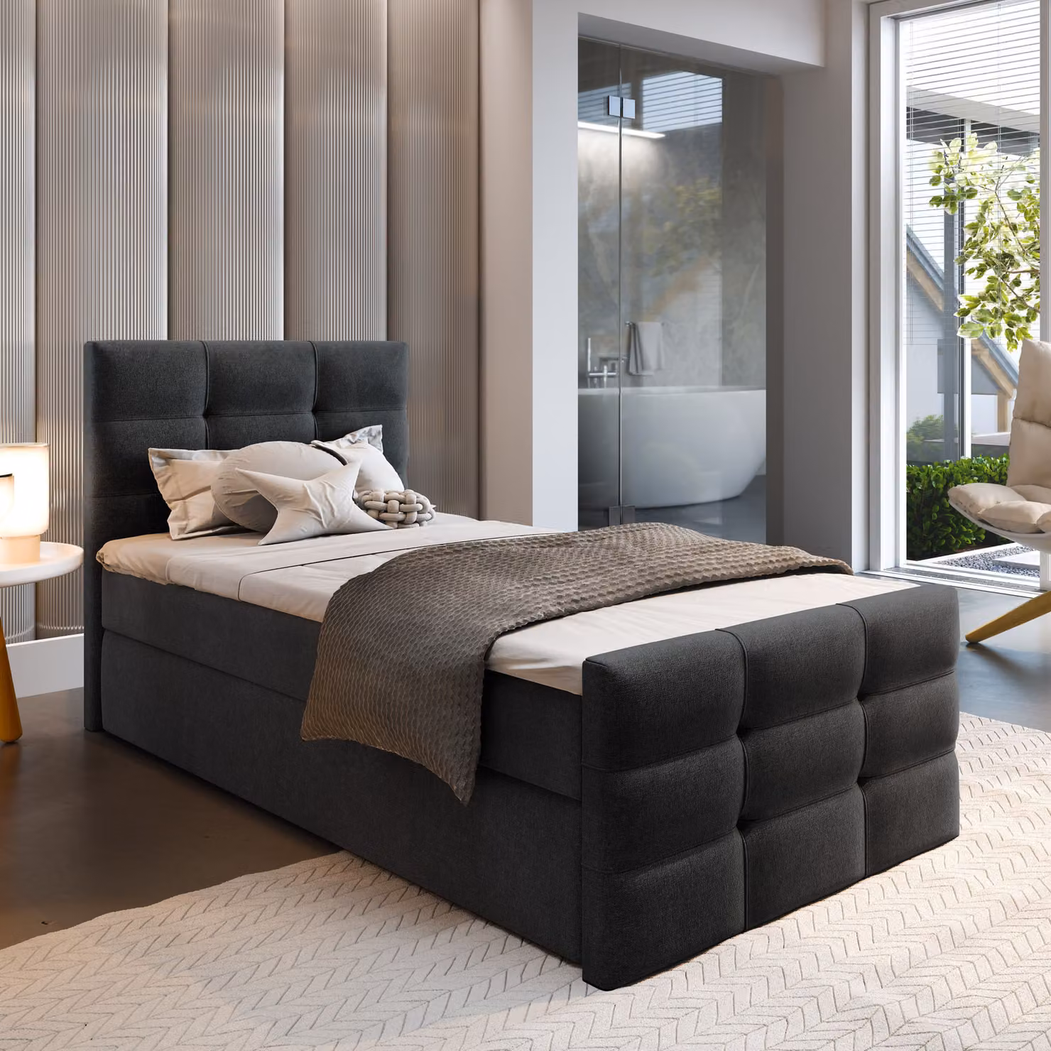 Letto a molle Masseno AMON 100 100x200 cm completo di materasso e topper Bonell, letto imbottito con cassettiera - nero, COSMIC 100
