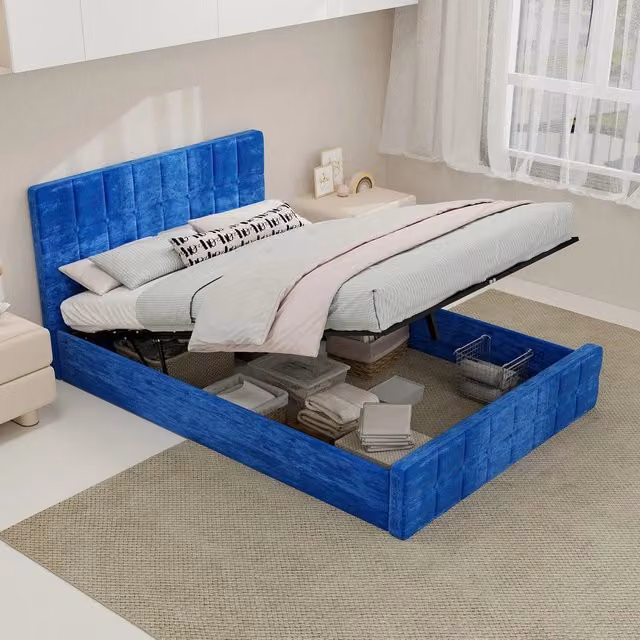Letto imbottito contenitore con testiera ¨C Minimal ¨C velluto blu 140x200cm