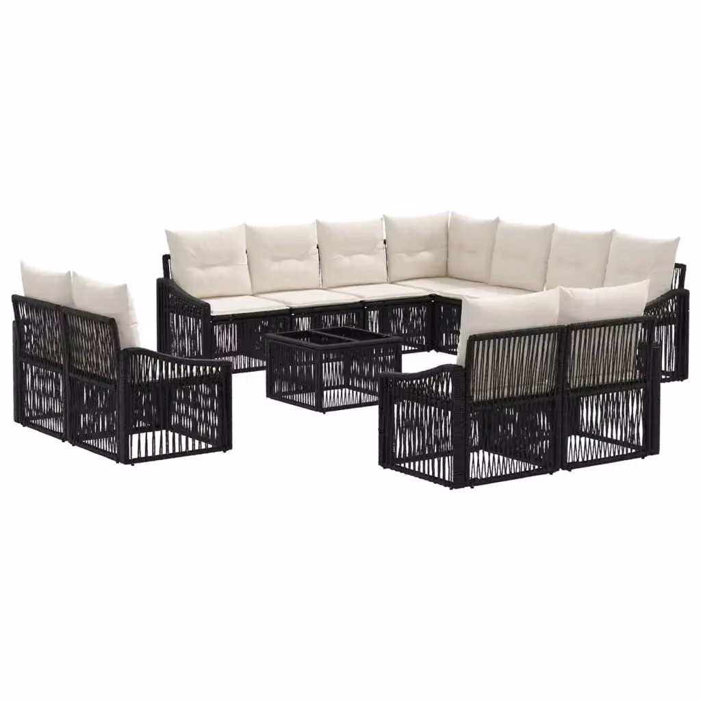 Set Divano da Giardino a Forma di U vidaXL in Polyrattan Nero con Cuscini Beige e Tavolino da Esterno – 2