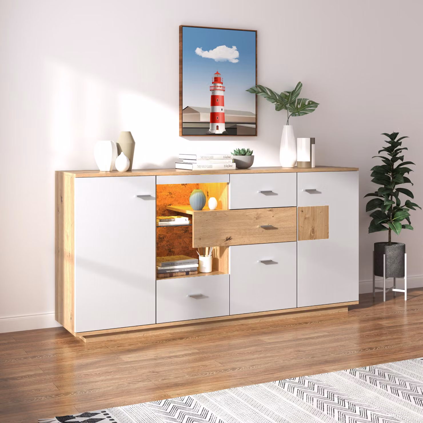 Credenza Merax LED con ripiano in vetro, cassettiera con ripiani regolabili, L:160cm