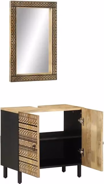 Set Mobili da Bagno vidaXL in Legno di Mango Marrone composto da Mobile Lavabo e Armadietto Specchio con Ante a Battente e Ripiani Interni
