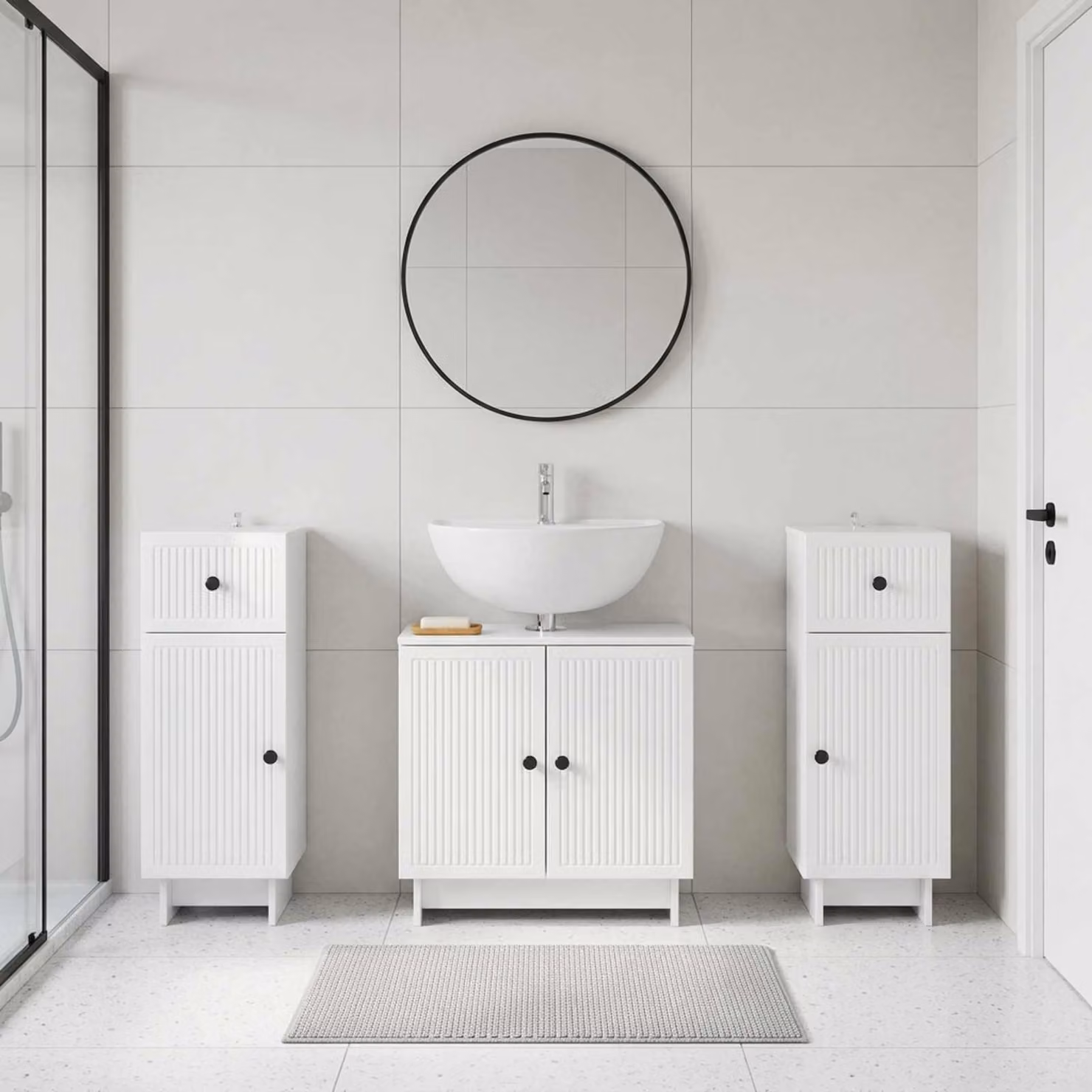 Set di mobili da bagno vidaXL EDE in 3 pezzi, bianco lucido, design minimalista
