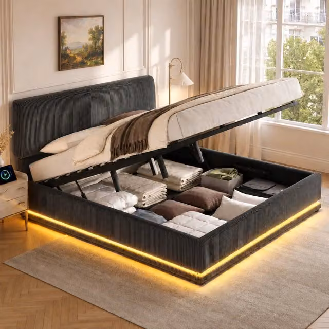 Letto imbottito ULEVR 180x200 cm con vano sottoletto, LED, USB-C e testiera regolabile, velluto a coste grigio scuro
