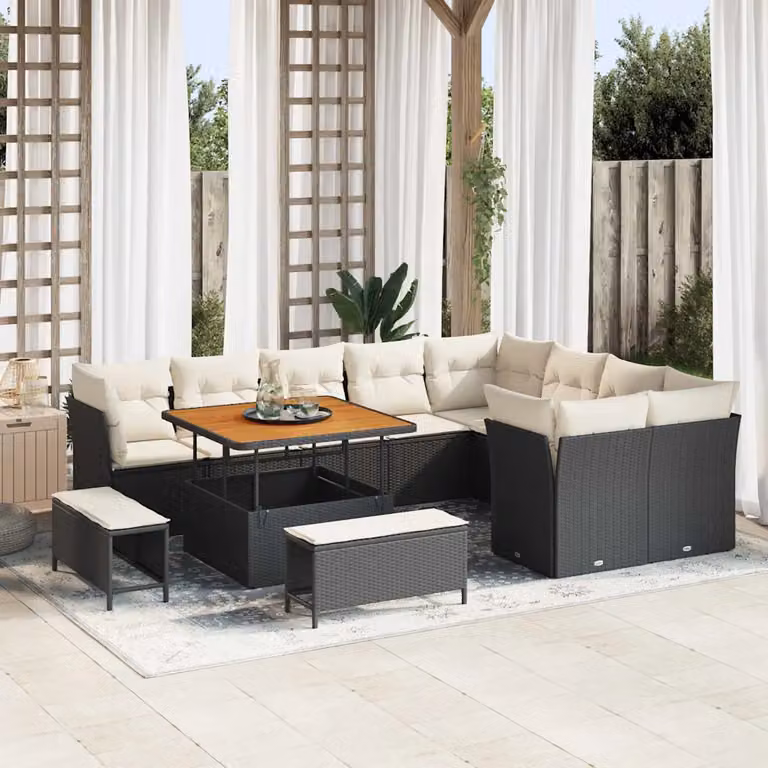 Set Divano da Giardino vidaXL 12 Pezzi con Tavolino e Pouf Nero e Beige