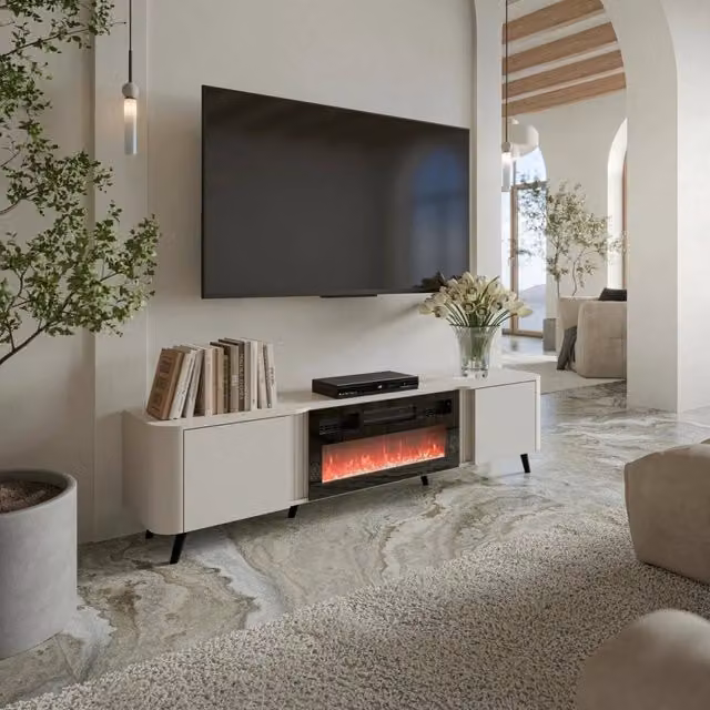 Mobile porta TV Vicino, Madia da salotto con due ante battenti e camino elettrico, Rialzato da terra, 191x40 h58 cm, Beige