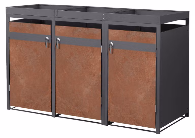 ML-Design, contenitore per bidoni della spazzatura da 3 pezzi con tetto giardino, capacità 240 litri, dimensioni 200x80x124 cm, finitura antracite effetto ruggine, acciaio, contenitore per bidoni della spazzatura con chiusura a chiave