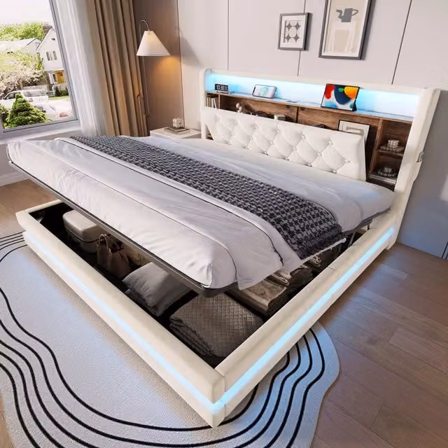 Letto Contenitore REDOM in Velluto Beige con Testiera Multifunzione, Luci Sotto il Letto, Porta USB e Ripiano, L/P: 180 x 200 cm, H: 106.5 cm