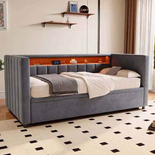 Letto divano estraibile OKWISH in velluto grigio scuro con contenitore, LED regolabile e porta USB Type-C, L/P: 90 x 190 cm
