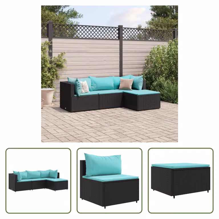 The Living Store Set da giardino 4 pezzi con cuscini in poly rattan nero
