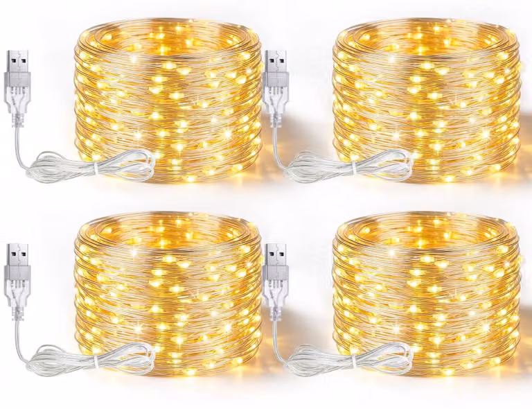Set di 4 catene luminose USB, lunghezza 5 metri, 50 LED, luce bianco caldo