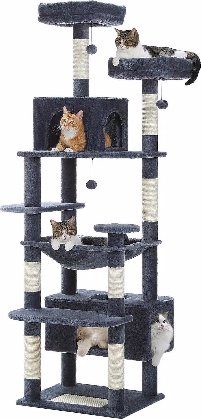 Grande torre per gatti, amaca spaziosa, tiragraffi in sisal naturale, grigio intenso, 136cm