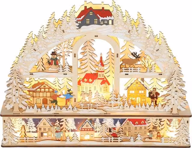 Villaggio di Natale luminoso HOMCOM con 20 LED, decorazione animata ad arco in legno naturale multicolore, L 45 cm x P 10 cm x H 35 cm – 1