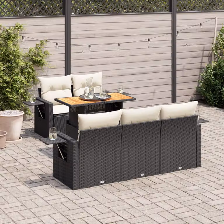 Set Divano da Giardino vidaXL 6 Pezzi in Polyrattan Nero con Cuscini e Tavolino da Esterno a Forma di L