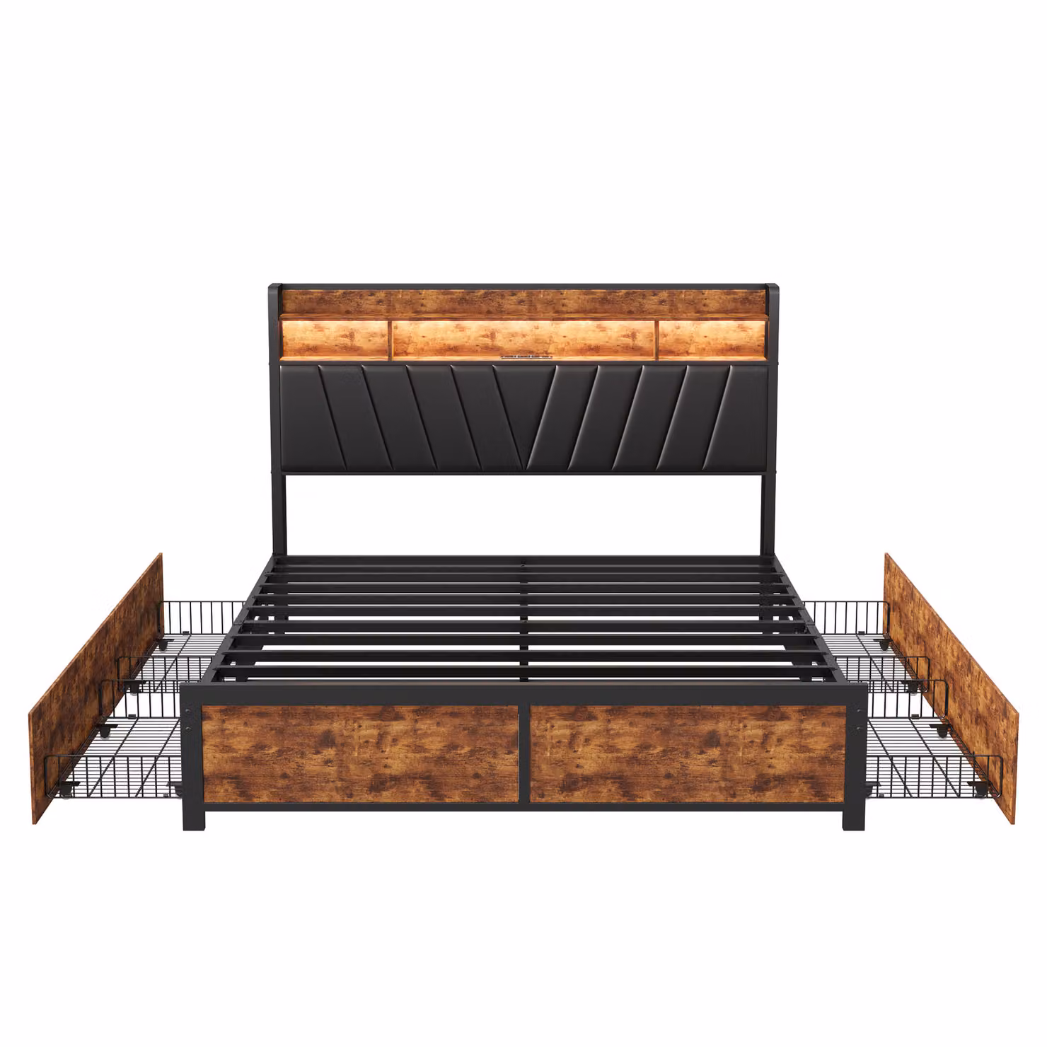 Letto Moonbite con contenitore, dimensioni 160x200 cm, struttura in metallo nero, illuminazione LED, testiera in schiuma poliuretanica, prese USB, 4 cassetti, telecomando