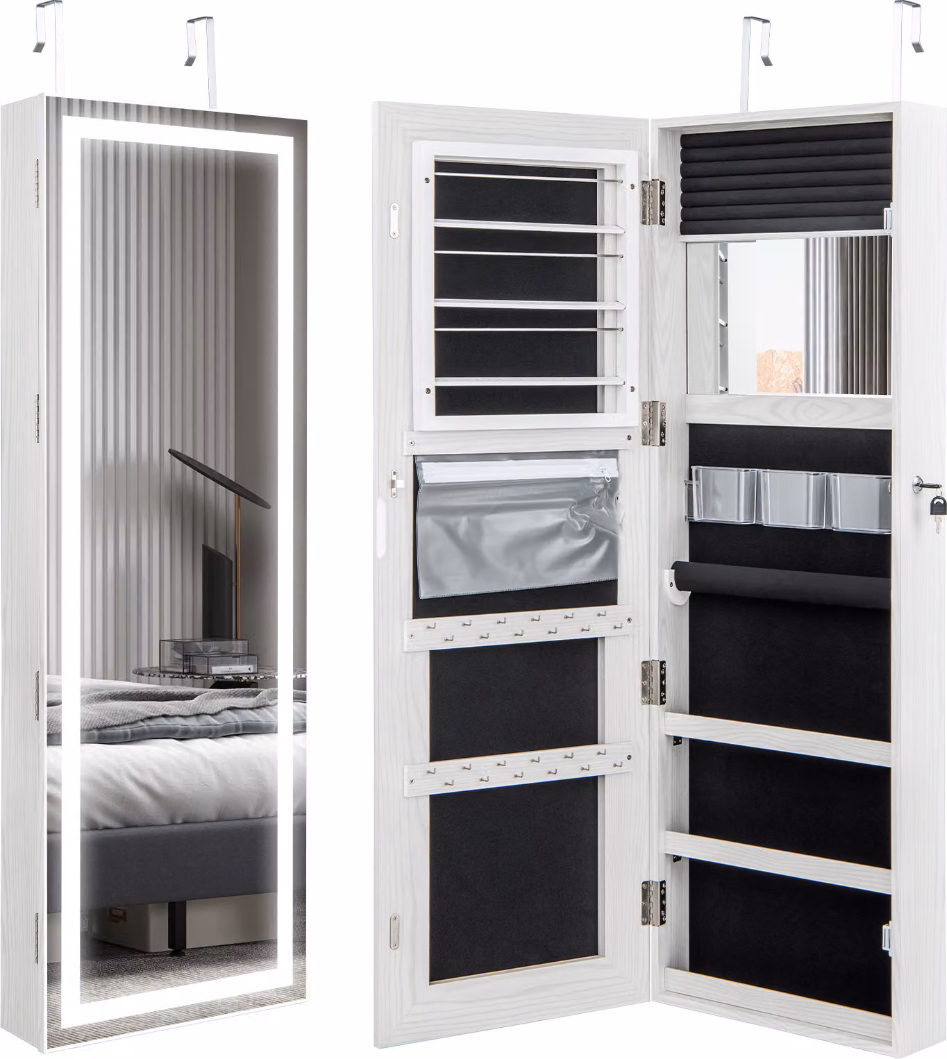 Armadio portagioie COSTWAY da 120 cm con specchio a LED, specchio a figura intera appeso, specchio interno, vano portaoggetti e porta magnetica con serratura