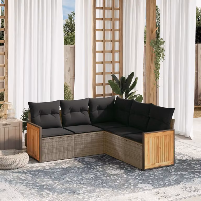 Set Divano da Giardino a L vidaXL 5 pz con Cuscini Grigio in Polyrattan e Legno di Acacia