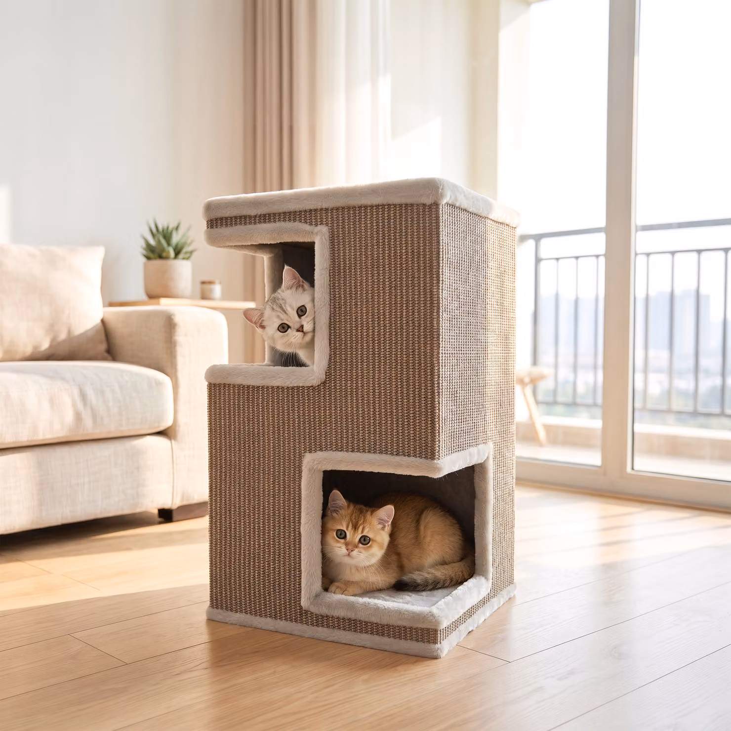 Torre per gatti PawHut a 3 livelli con casetta, nicchie e tiragraffi in sisal, grigio e beige – 2