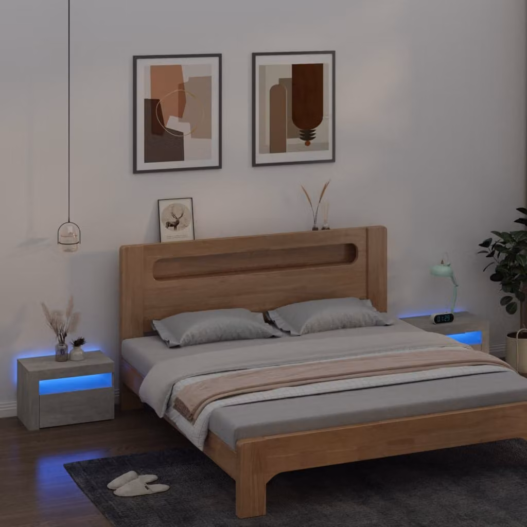 Set di 2 comodini moderni vidaXL con luci LED integrate e porta USB, colore grigio cemento, L: 60 cm, P: 35 cm, H: 40 cm
