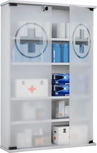 Armadietto Medicinali Sanitalia Bianco con Ante in Vetro e Ripiani Interni L: 60 cm, P: 18 cm, H: 91 cm