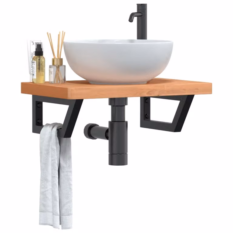 vidaXL Ripiano a Parete per Lavabo in Legno di Faggio e Metallo, Nero e Marrone, L: 60 cm, P: 40 cm, H: 19 cm