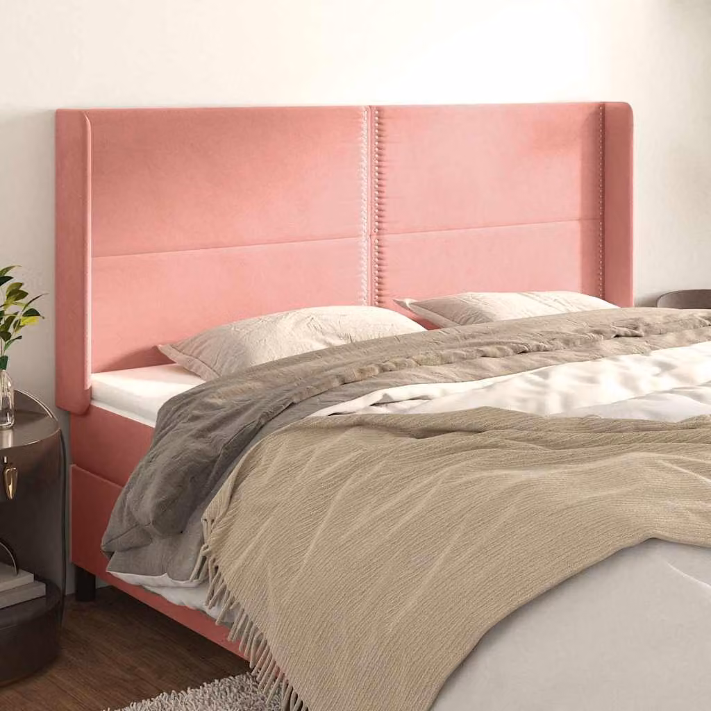 Testiera ad orecchio vidaXL in velluto rosa con struttura in legno e MDF L: 203 cm, P: 16 cm, H: 118/128 cm