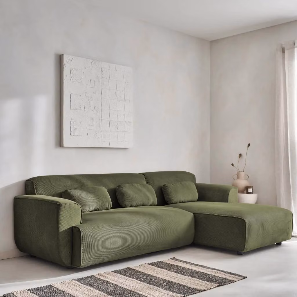 Divano angolare destro Sweeek in velluto a coste verde con cuscini coordinati e coperture rimovibili, L: 196 cm, P: 151 cm, H: 73 cm – 2