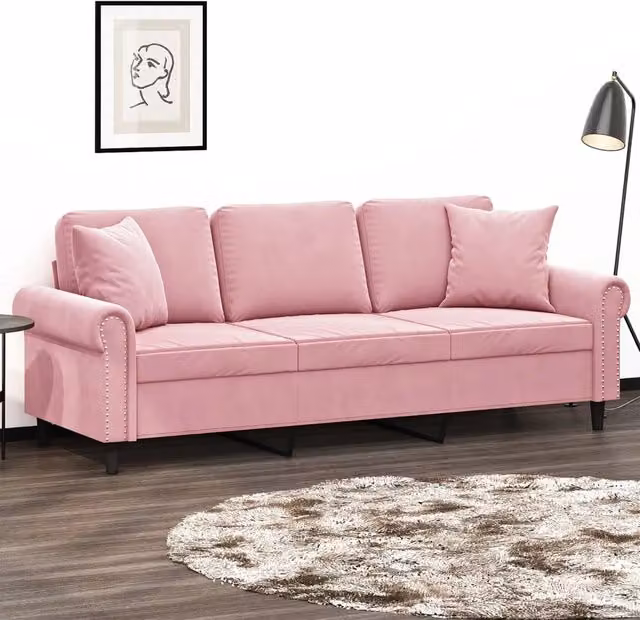 Divano a 3 posti moderno vidaXL in velluto rosa con cuscini e struttura in metallo