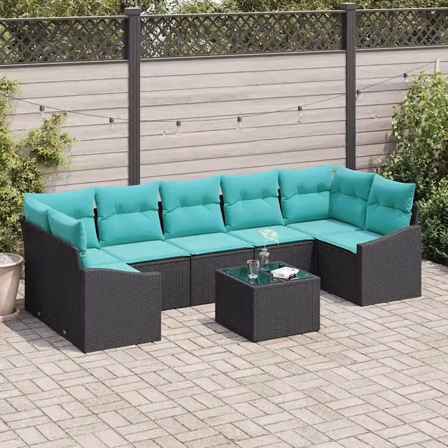 Set di divani 8 pz 7-Numero di posti Nero e Turchese polyrattan 3346646