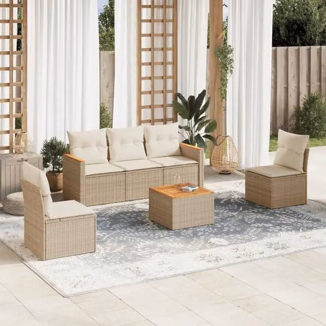 Set Divano da Giardino 6 Pezzi vidaXL con Cuscini Beige e Tavolino, Design Moderno a L in Polyrattan e Acciaio con Coperture Rimovibili – 1