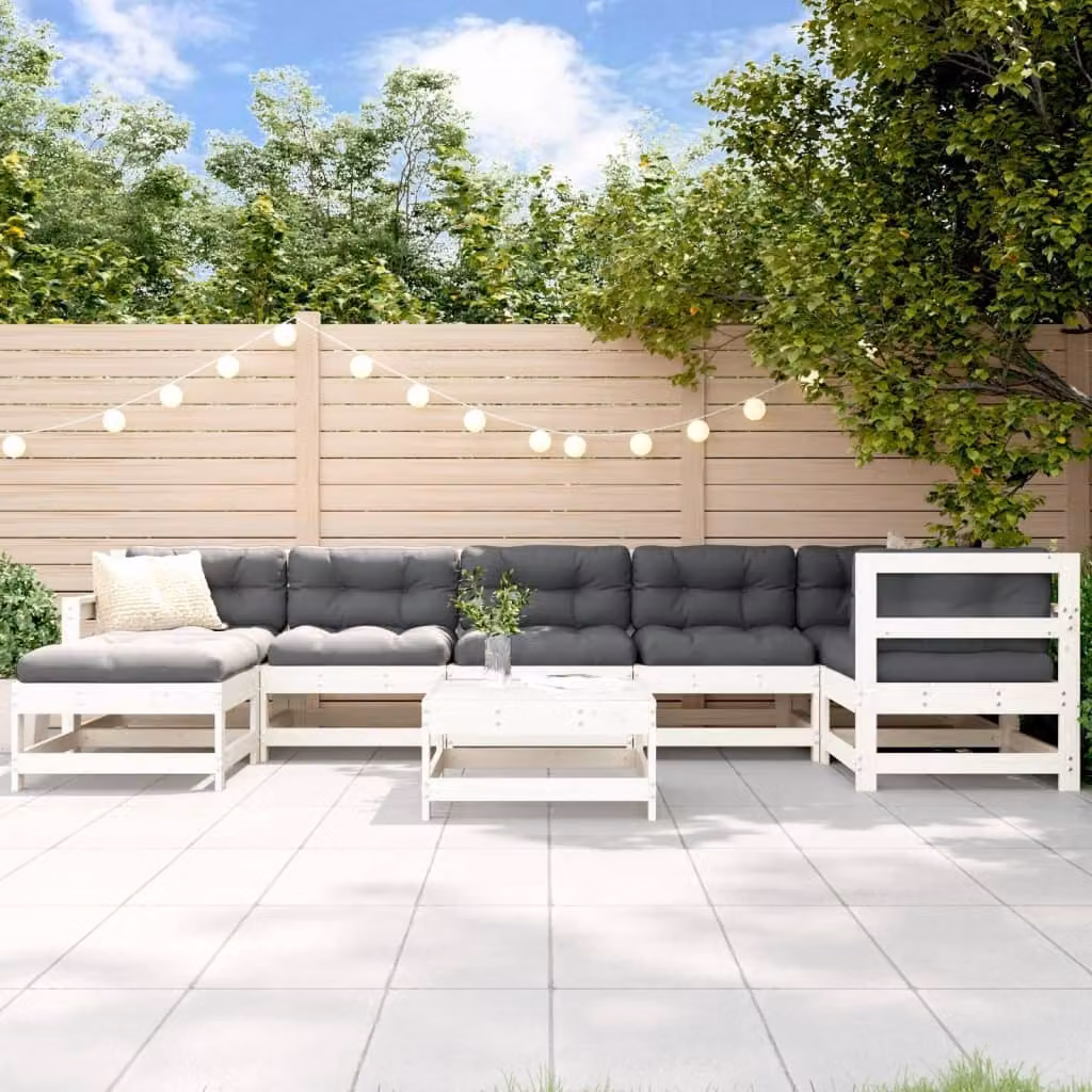 The Living Store Set da giardino 8 pezzi con cuscini in legno massiccio bianco