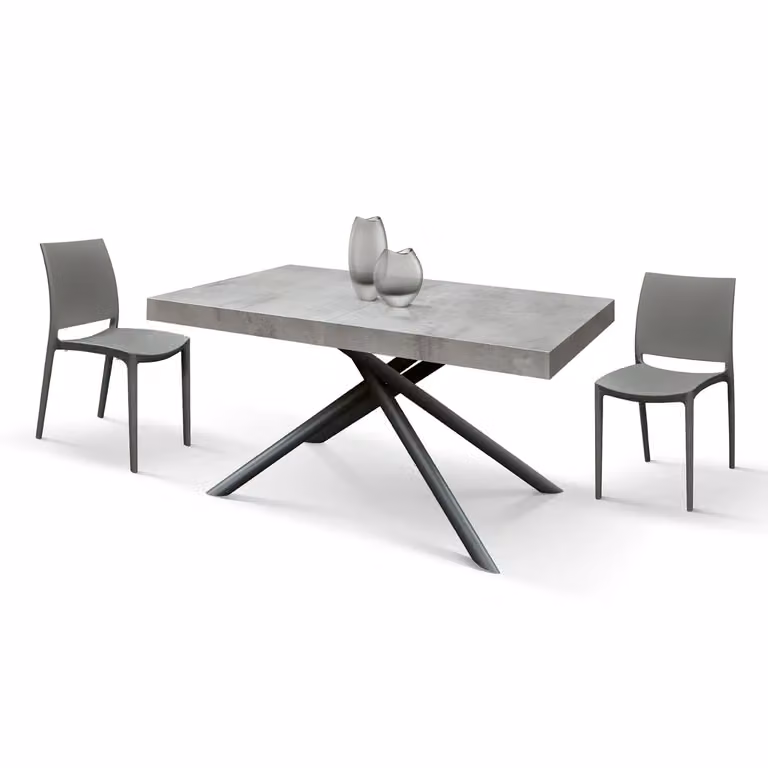 Tavolo CARRARA in legno, finitura grigio cemento e base in metallo verniciato antracite, allungabile 180×90 cm - 260×90 cm