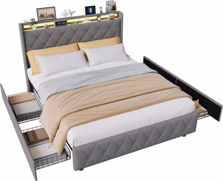 Letto Moonbite con contenitore, dimensioni 140x200 cm, rivestito in flanella grigia, con 4 cassetti, porte USB e di tipo C, illuminazione LED e comodini integrati