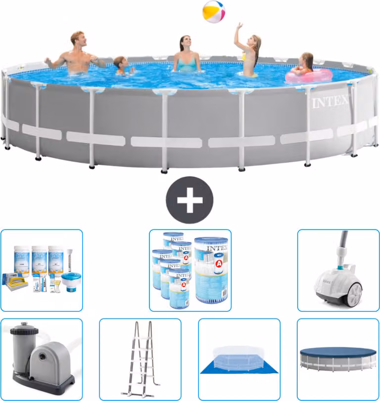 Piscina Intex Round Prism Frame - 610 x 132 cm - Grigio - inclusa pompa - scala - telo di fondo - pacchetto di manutenzione della copertura - filtro - aspirapolvere
