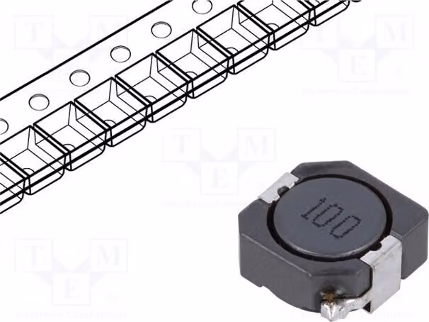 2 resistenze a filo: 26 mΩ, tecnologia SMD, tolleranza ±20%, corrente massima 3,45 A, induttanza 10 uH, dimensioni 10,3 x 10,4 x 5 mm, modello PSDB1005NT100, componenti SMD