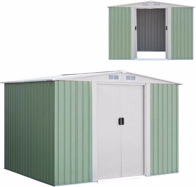 Casetta da Giardino COSTWAY in Lamiera Zincata Verde con Porta Scorrevole e Tetto a Sella, L: 257 cm, P: 205 cm, H: 175,5 cm – 1
