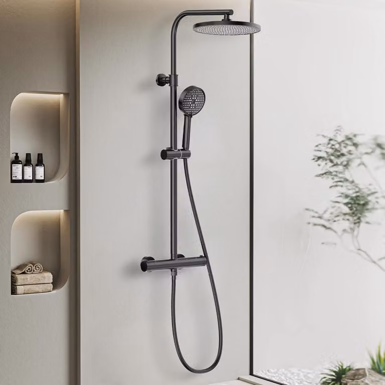 Sistema doccia termostatico nero con doccia a pioggia da 25 cm, soffione a 3 getti, doccetta manuale, altezza regolabile da 79 a 128 cm