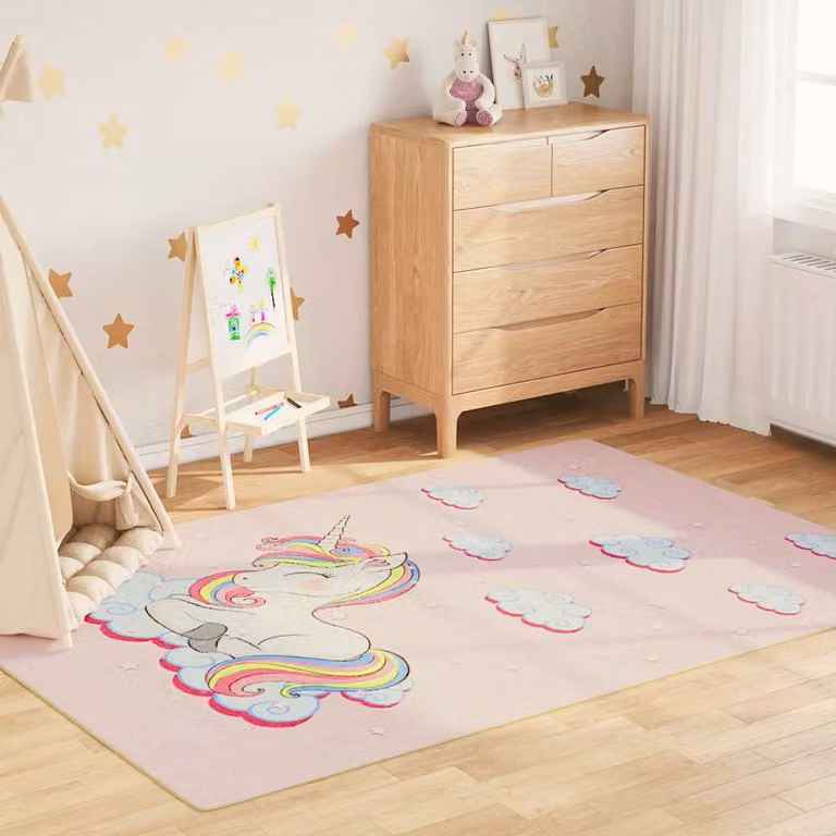 Tappeto per bambini vidaXL rosa con motivo unicorno, lavabile e fonoassorbente, L: 160 cm, P: 230 cm