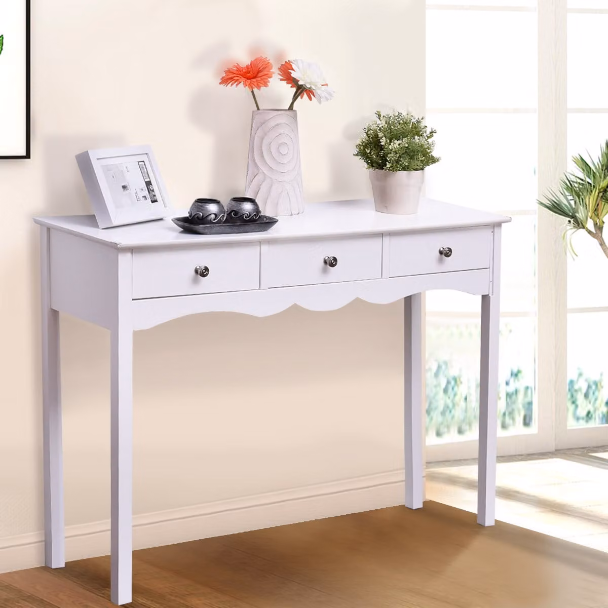 Costway Consolle scrivania da trucco multifunzione con 3 cassetti in MDF, stile moderno, Bianco